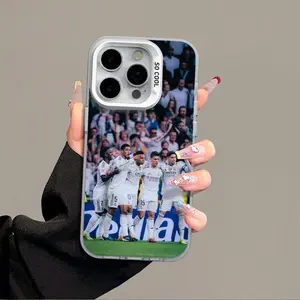 Real Madrid football star photo design, colored silver phone case, compatible with iPhone 12, 13, 14, 15, 16, and 17. High-transparency silver edge, full-coverage drop-proof protective case.