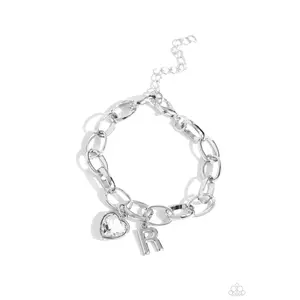 Guess Now Its INITIAL - White - R Heart Gem Letter Alphabet Silver Charm Bracelet - Paparazzi