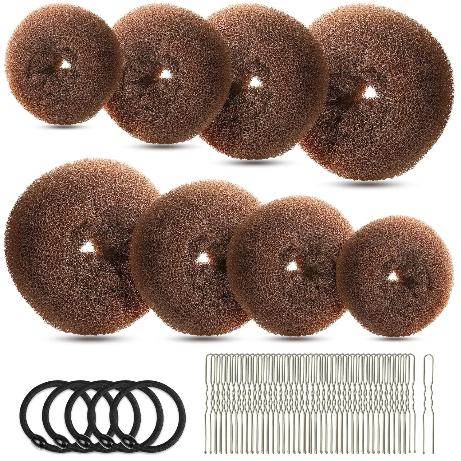 Hair Bun Maker Set- 8 count Hair Donuts for Buns (2 Extra-large,2 Large,2 Medium and 2 Small), 40 count Bobby Pins, 5 count Hair Elastic Ties Black,Bun Maker - Light Brown