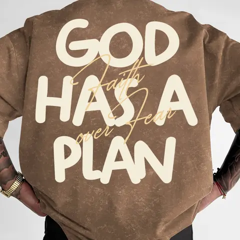 Men's Washed T-Shirt Printed with "God Has A Plan" & "Faith Over Fear", Streetwear Casual Short Sleeve Top, Slim Fit, Streetwear Graphic Tees #FaithBasedTee #GodHasAPlan #WashedStreetwear #ChristianFashion #TikTokMadeMeBuyIt