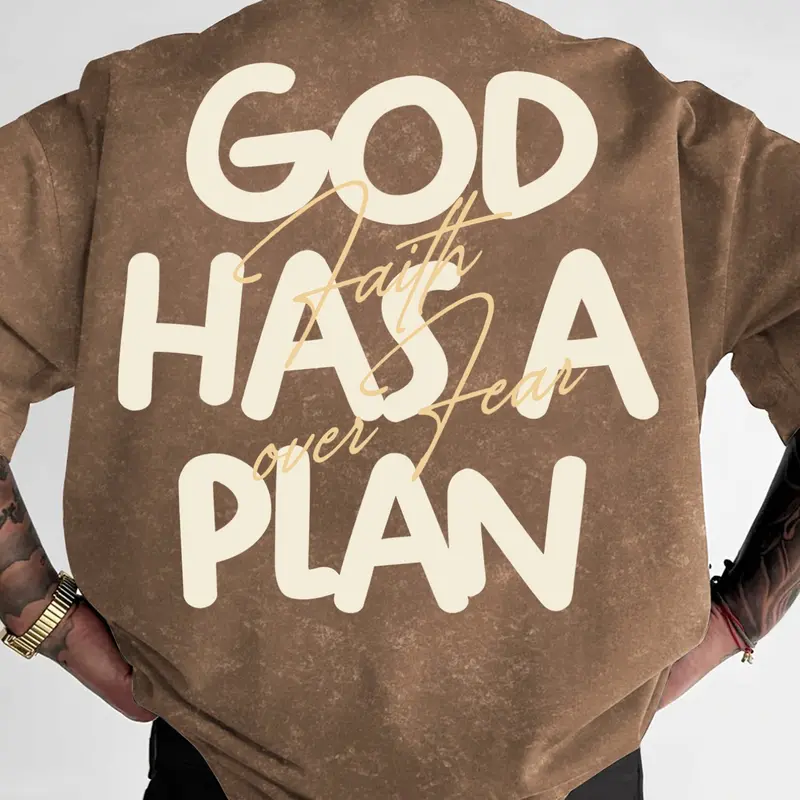 Men's Washed T-Shirt Printed with "God Has A Plan" & "Faith Over Fear", Streetwear Casual Short Sleeve Top, Slim Fit, Streetwear Graphic Tees #FaithBasedTee #GodHasAPlan #WashedStreetwear #ChristianFashion #TikTokMadeMeBuyIt