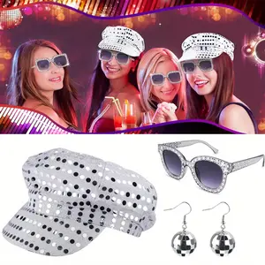 3 Pcs Disco Theme Party Costume Set, Sequins Hat Sunglasses Earrings Fancy Dress Kit, for Women Birthday Dance Club Musical Festival Outfit Accessories