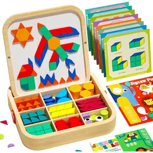 Wooden Magnetic Pattern Blocks Set with Cards, 288 PCS Montessori Tangram Puzzle Learning Toys for Toddlers 4-8, Educational STEM Gift for Kids Boys Girls 4 5 6 7 8