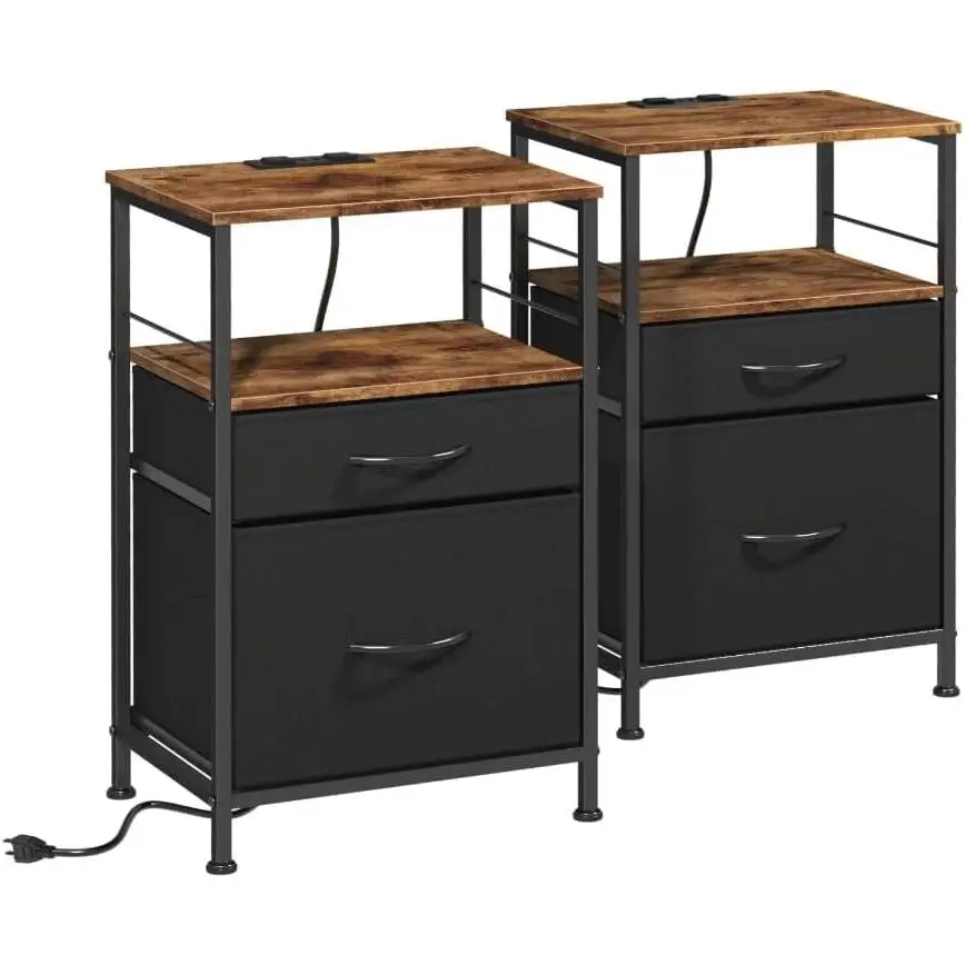 WLIVE Nightstands Set of 2, Night Stand Set 2 with Charging Station, Bedside Tables for Bedroom, Side Table with 2 Fabric Drawers and Wooden Tabletop