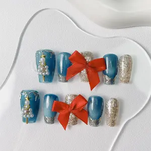 10pcs Handmade Press on Nails Short Coffin Design, Blue Cat Eye 3D Floral Stickers for Festivals, Cute Manicure for Girls & Women