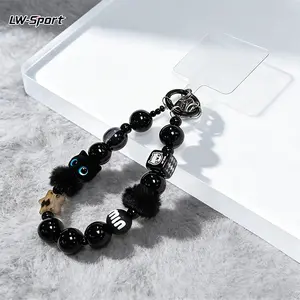 Premium Black Plush Cat Phone Charm Portable Beaded Wristlet Chain for Outings Car Keychain and Bag Accessory with Adorable Cat Design Cellphone