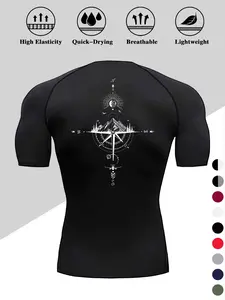 Men's Dragon Print Compression T-Shirt Rash Guard, Quick-Dry Breathable Stretch Fabric, Tight-Fitting Short Sleeve Top for Fitness and Outdoor Activities