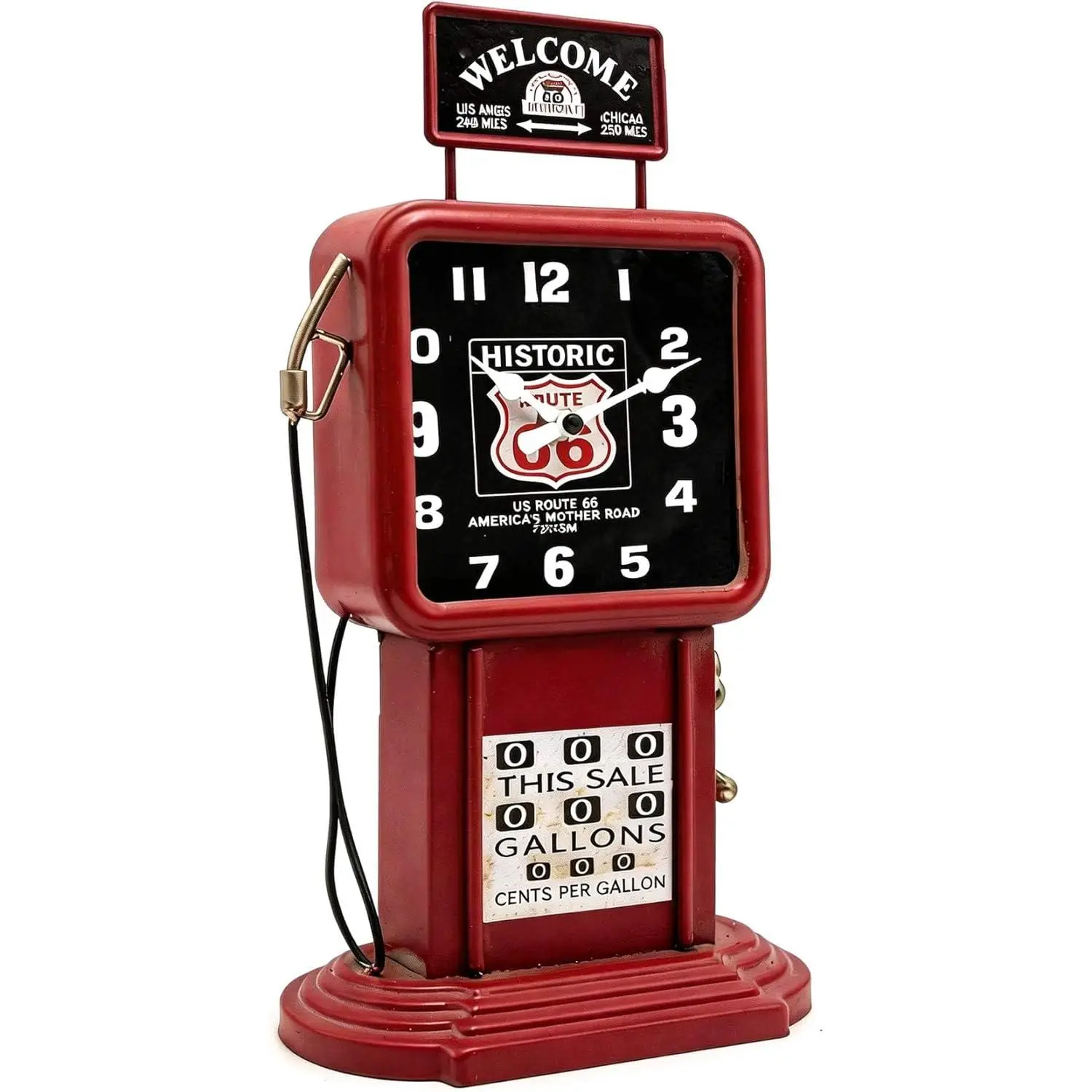 Vintage Steampunk Industrial Red Metal Gas Station Style Desk Clock, Retro Table Clock for Home Bar Cafe Decor