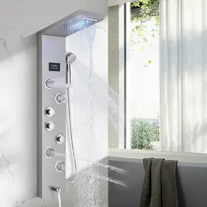 Contemporary Shower Panel Wall Mounted Shower Tower Rainfall Waterfall Showerhead Full Body Shower System with 4 Shower Massage Jets Bathroom Shower Panels Stainless Steel, Brushed Nickel