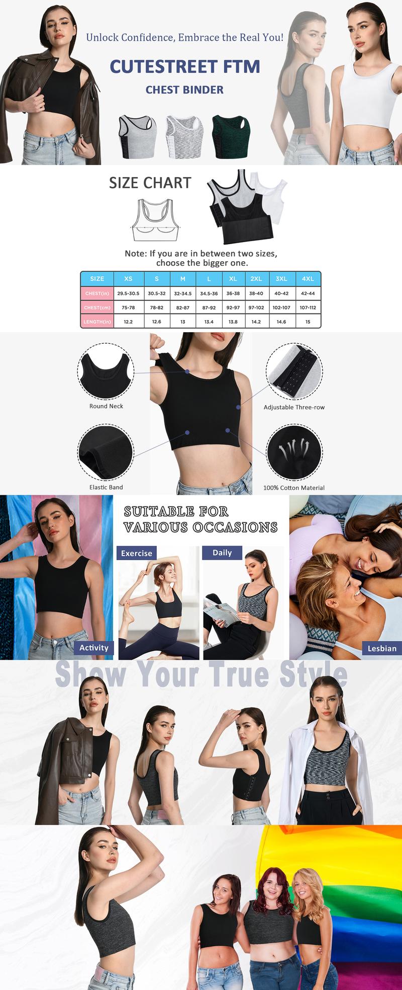 CuteStreet Transgender FTM Chest Binder Adjustable Affordable Breathable and Strong Compression Tank Top Bra Binder