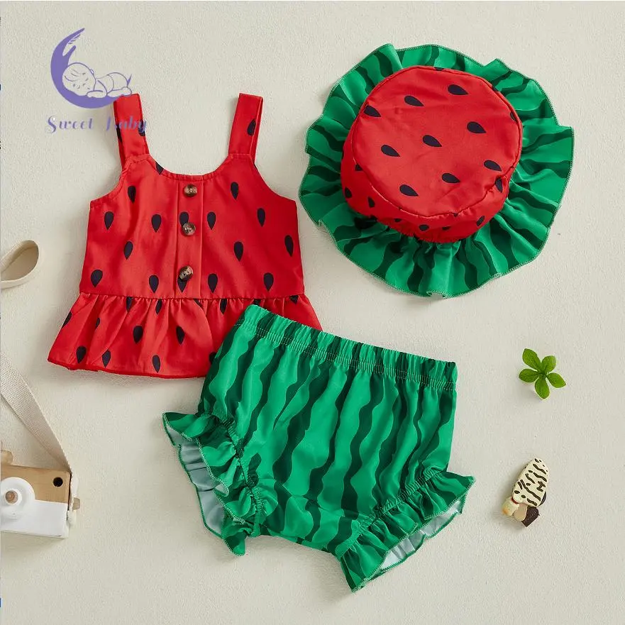 Girl's 3-Piece Watermelon Gift Set, Sleeveless Button Cami Top, Ruffle Trim PP Shorts, and Hat for Baby Girls
