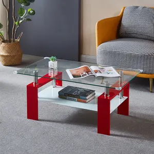 SOIYELIFE Red Artisan Rectangle Coffee Table with Double Layer Storage Shelves, Perfect for Modern Living Spaces