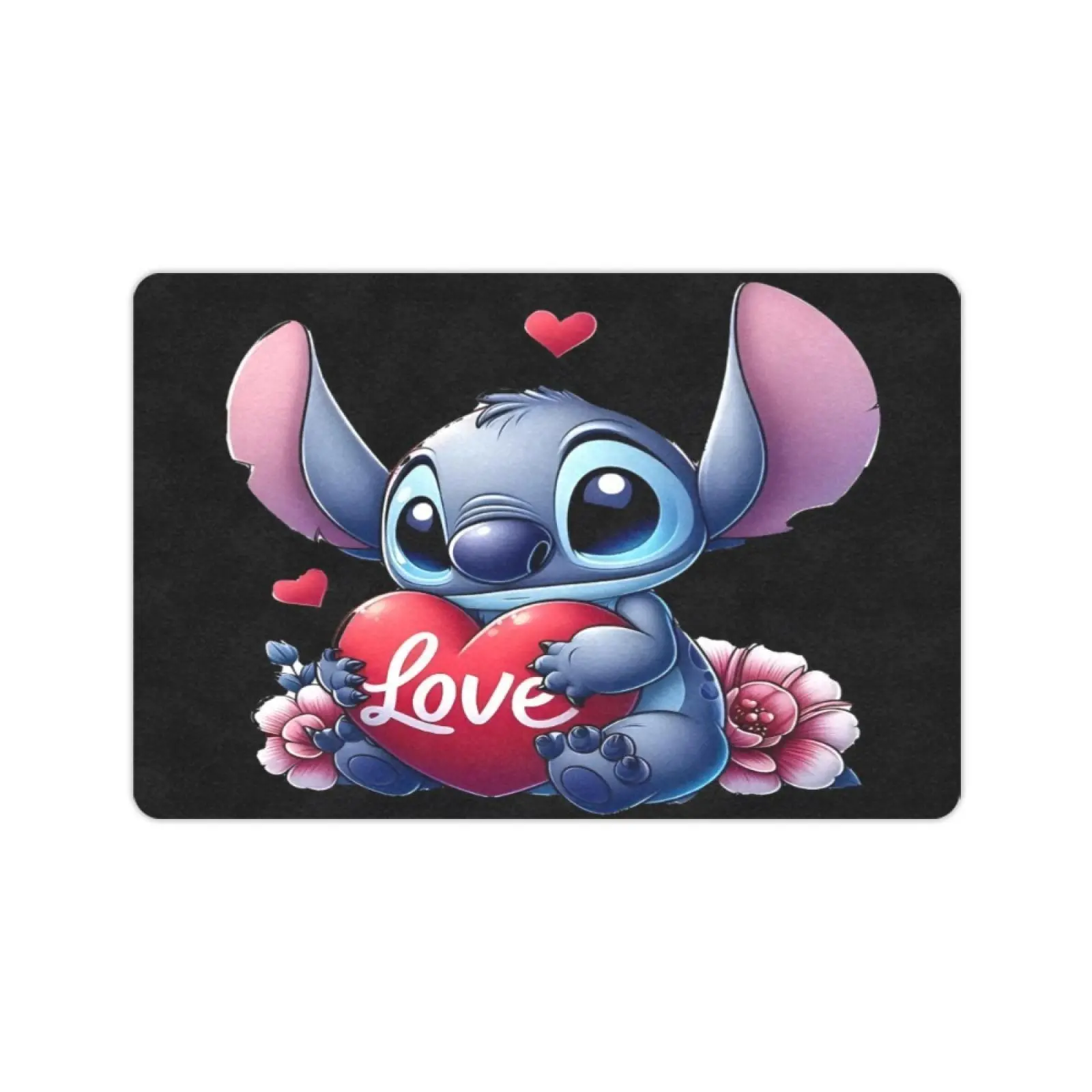 DISNEY CLASSIC Stitch Love Heart Floral Print Mat, Non Slip Low Profile Floor Rug, Cute Cartoon Anime Indoor Outdoor Entrance Mat For Home Bedroom Decor