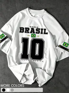 Unisex Brazil Number 10 Print Crew Neck T-Shirt, Vintage Football Graphic Tee for Football Fans & Summer Street Wear