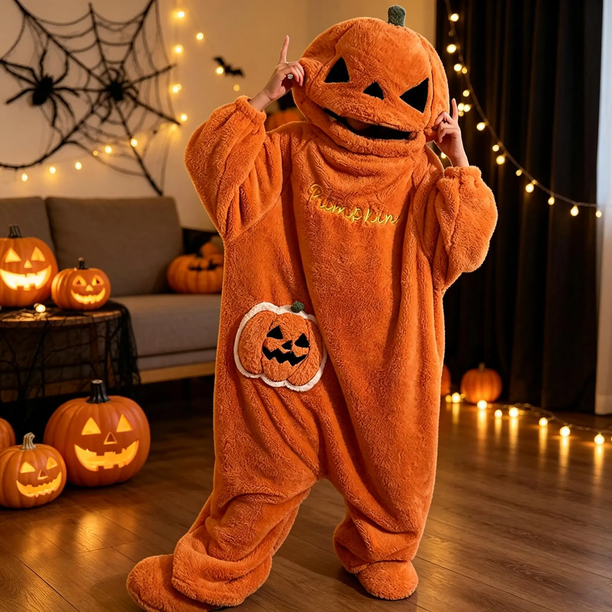 Pumpkin Onesie Pajamas Funny Halloween Costume Adult Winter Warm Fleece Sleepwear Cozy Oversized Loungewear 3D Pumpkin Hood Plush Jumpsuit Novelty Cosplay Party Outfit Holiday Gift 100% Polyester