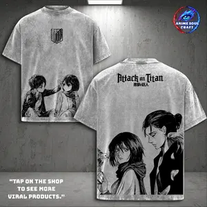 AOT Eren Yeager x Mikasa Ackerman Washed Graphic Top, Heavyweight Casual Fabric Streetwear, Gift for AOT Fans,Men's Oversized Round Neck Cotton Short-Sleeve Seamless T-Shirt