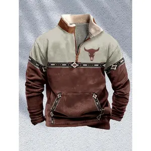 Men's Vintage Western Zip-Up Jacket with Bull Head Print, Black & Tan Design, Stand Collar, Long Sleeve, 1/4 Quarter Zip, Lightweight Polyester Blend, Casual Sporty Style, Outdoor Apparel |       Sporty Zipup |       Fake Finish