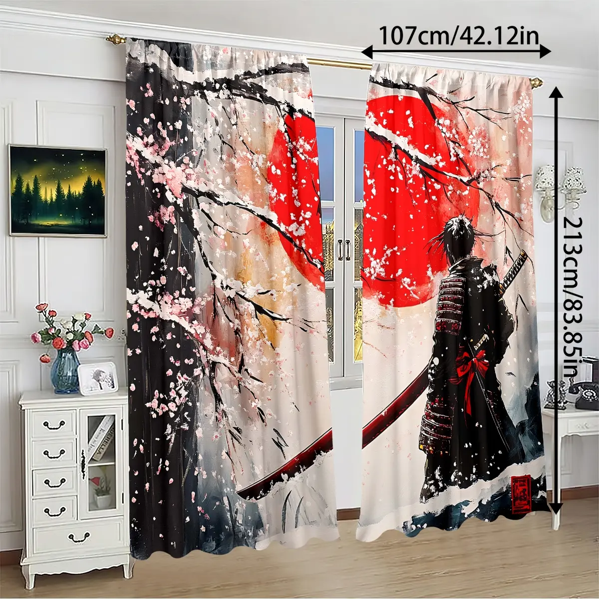 2 Piece Printed Curtains, Samurai & Cherry Blossom Pattern, Rod Pocket Design, Easy to Hang, Vibrant Semi-Transparent Privacy Curtains