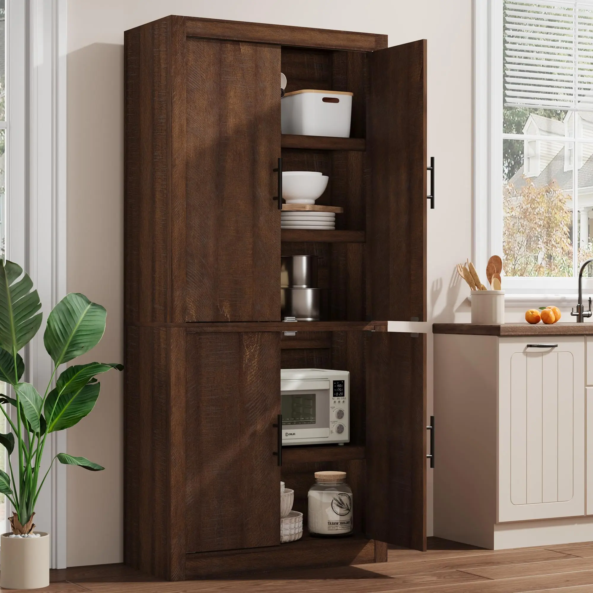 Tall Kitchen Pantry, Wood Pantry Storage Cabinet with 4 Doors & Adjustable Shelves, Farmhouse Freestanding Pantry Cupboard & Large Storage Space for Dining & Living Room, Retro Brown