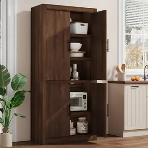 Tall Kitchen Pantry, Wood Pantry Storage Cabinet with 4 Doors & Adjustable Shelves, Farmhouse Freestanding Pantry Cupboard & Large Storage Space for Dining & Living Room, Retro Brown