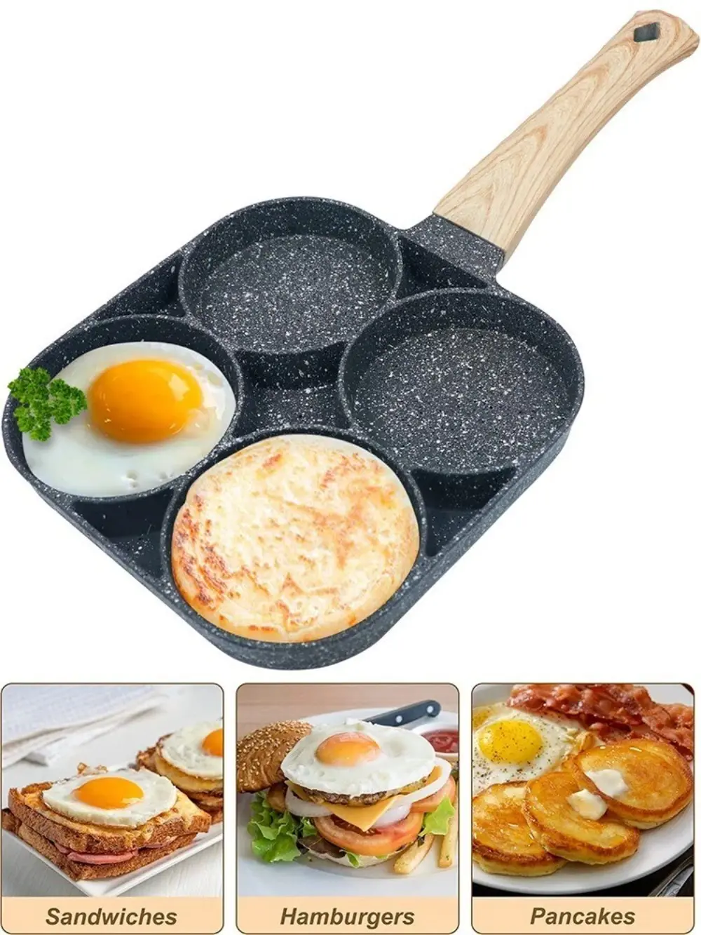 Aluminum Rectangular 4-Hole Nonstick Medical Stone Egg Frying Pan, 4-Cup Pancake Pan Compatible with Gas and Induction Cooktops, Four-Holes