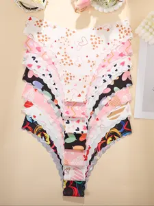 7-Pack Women's Triangle Underwear Set, All-Season Floral & Heart Prints, Seamless Comfortable Breathable Panties, Casual Comfy Panties, Casual Style, Casual Breathable Knicker