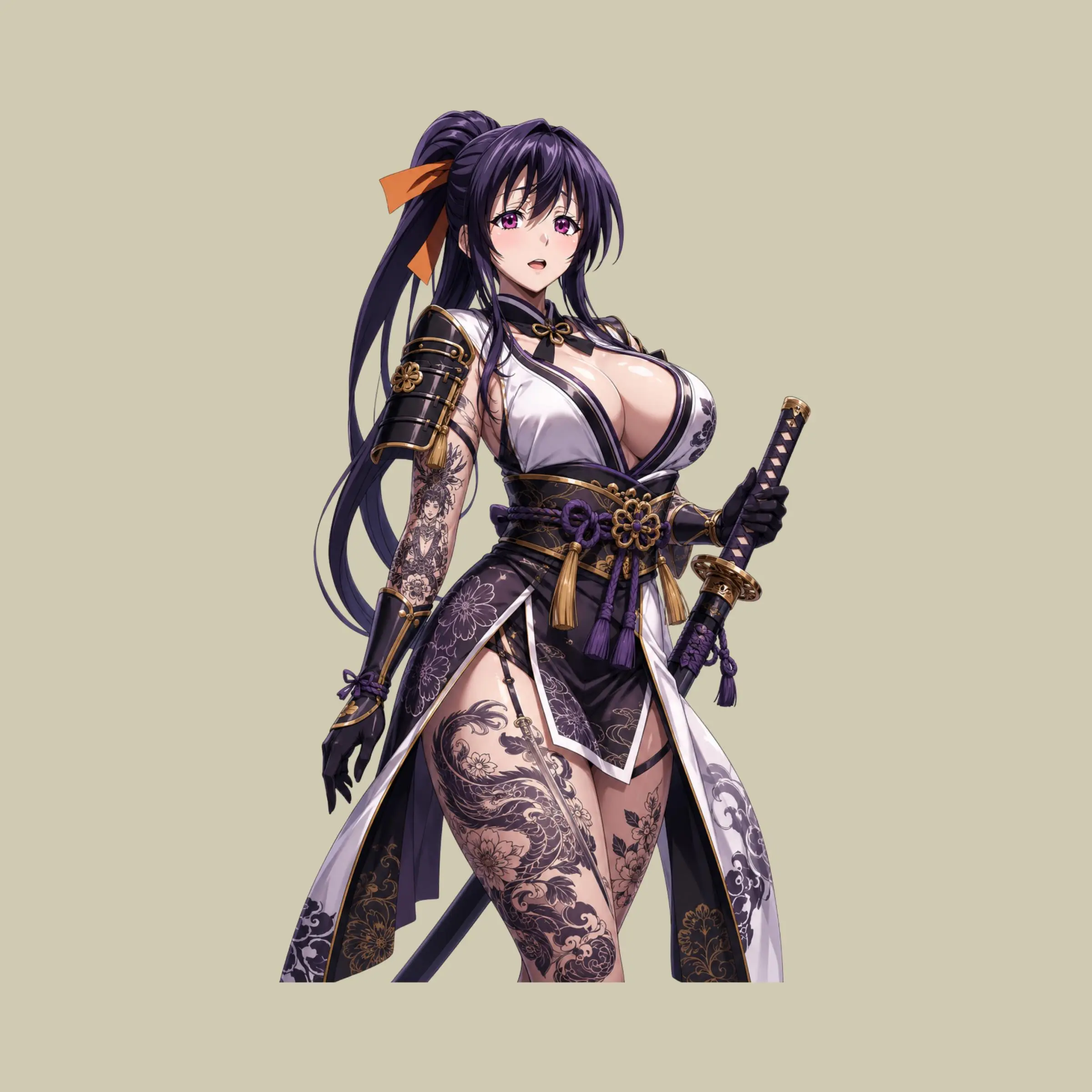 Akeno Himejima Purple Hair Samurai Girl Vinyl Sticker, Elegant Katana Warrior Decal for Laptop Tumbler