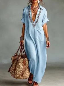 Women's Basic Western-Themed Cotton-Linen Casual Dress Clothes - Lapel Embroidery, Practical Pockets, Loose Lazy Fit, Slimming, Breathable, Skin-Friendly, Versatile for Daily Commuting, Vacation