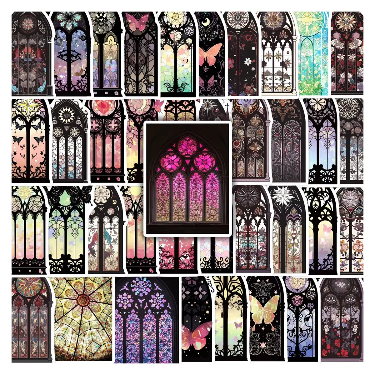 48Pcs Gothic Stained Glass Stickers Pack, Waterproof Vintage Church Window & Butterfly Floral Vinyl Decals, Art Stickers for Laptop, Water Bottle, Journal & Scrapbook, Gothic Lover Gift, Floral Pattern Sticker, Aesthetic Stickers