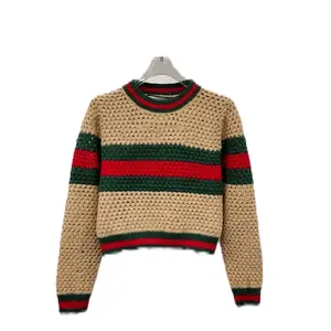 Elm St Ema Women's Striped Knit Sweater with Round Neck and Long Sleeves in Beige, Red, and Green