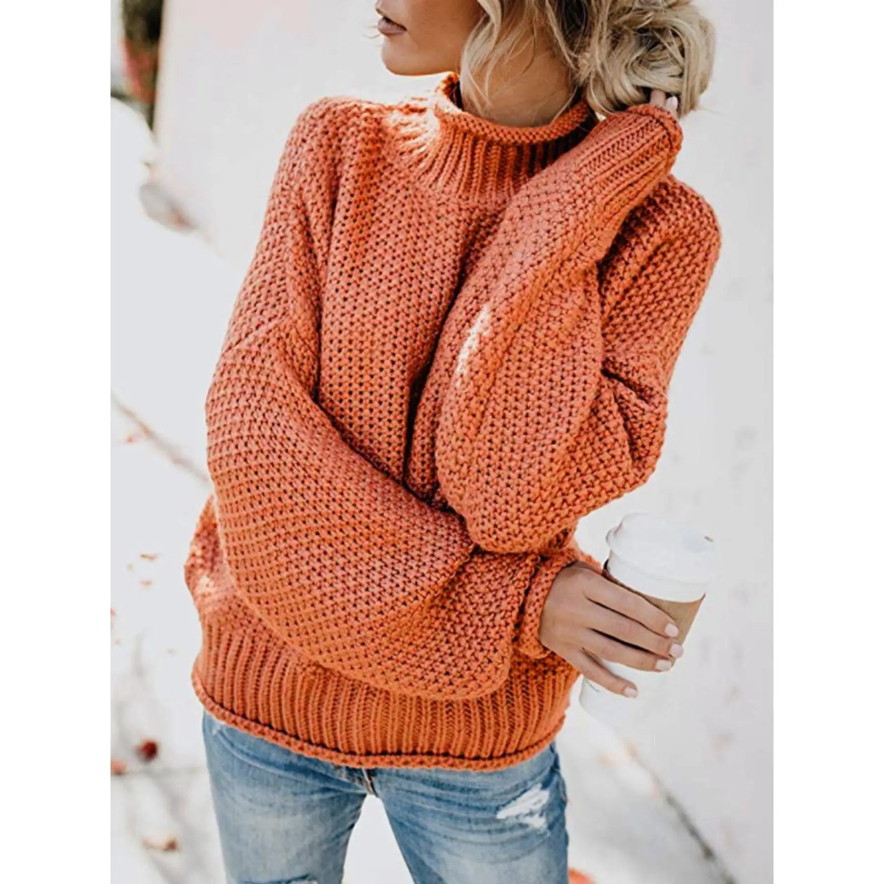 Women'S Oversized Mock Neck Sweater - Soft Yarn High Neck Winter Warm Pullover, Cozy Casual Sweater for Fall & Winter, Easy-Care Solid Color Sweater for Everyday & Formal Outfits (No Bulk Collar)