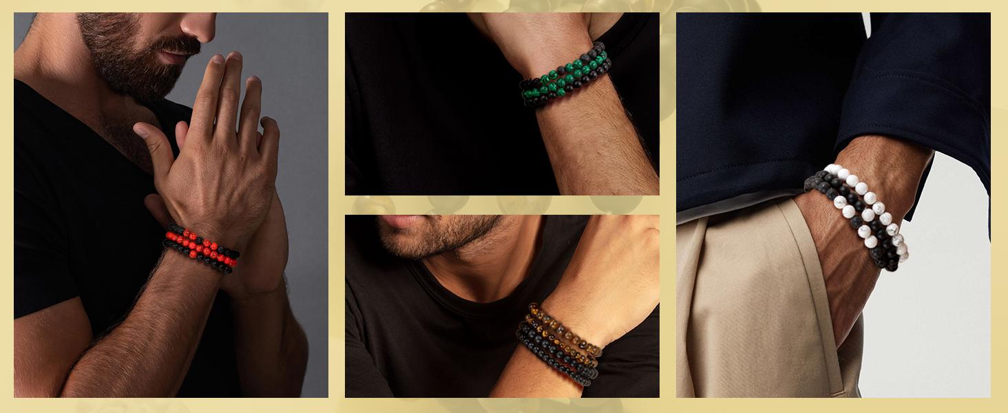 Mens Bead Bracelet Set - Adjustable Elastic Rope With 6&8MM Natural Stone Multi-Colored Beads - Tiger Eye Bracelets for Men - Gift