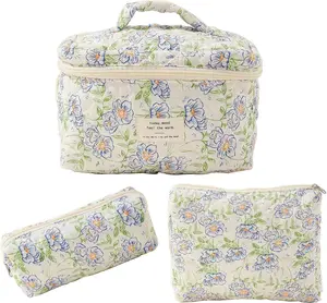 Women's Cosmetic Bags Set - Floral Print Hand Wash Makeup Case and Travel Purse Organizers (3 pcs), Portable Cosmetic Storage Bag, Makeup Organizer for Home, Gift for Girls, Women, Pencil Bat