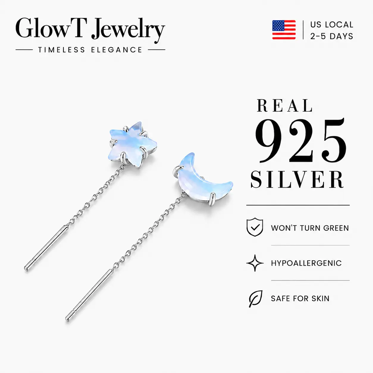 925 sterling silver moon and star threader earrings for women celestial dreamy minimalist jewelry with iridescent glow delicate long chain drop earrings for date night party vacation gifting for girlfriend wife and sister elegant whimsical chic style