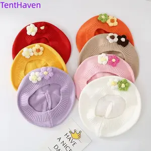 2026 Baby Girl Hat Autumn/Winter Baby Knitted Beret Cute Little Flower Girl Painter Hat Children's Knitted Hat Trend