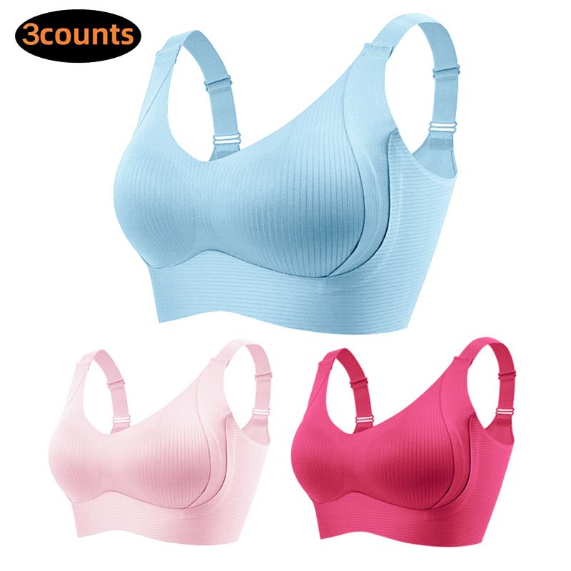 [7/5/4/3Pcs]Women's Solid Four-breastedAdjustable Wireless Bra,Curvy SoftComfortable BreathableRibbed PushUp Seamless Bra,Women's Lingerie forAll Seasons,Womenswear