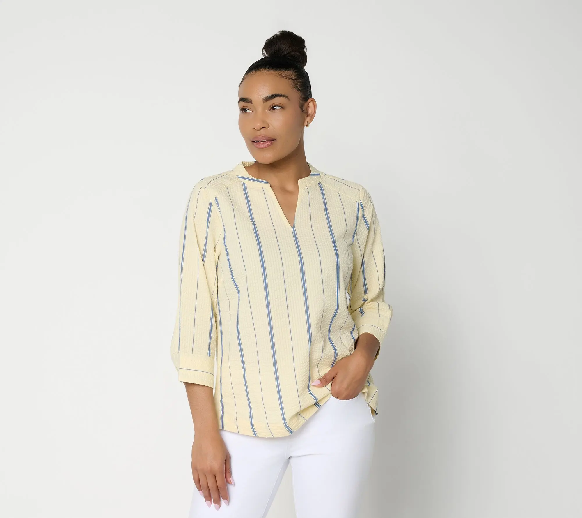 Joan Rivers Split Neck Varigated Seersucker Popover
