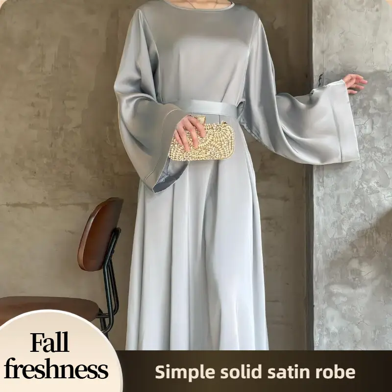 【FallFreshness】CL12 Solid Color Abaya Simple Satin Dress for Women Elegant Fashionable Long Sleeve Thobe Modest Islamic Robe Casual Autumn Wear Formal