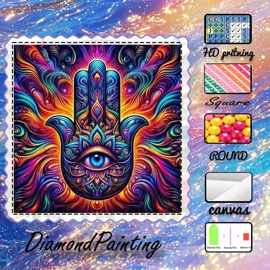 5D-DIY, DIY Kits, velvet canvas, diamond art, diamond painting kit, mandala, five-finger hand, eyes AB diamonds, crystal diamonds, home decor, handmade diamond art painting kit, special craft diamond art kit, Handicraft