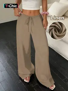 Women's Casual Loose Linen Wide Leg Pants, Casual Mid Waist Long Trousers, Comfortable Summer Fashion, One Piece Ladies Clothing