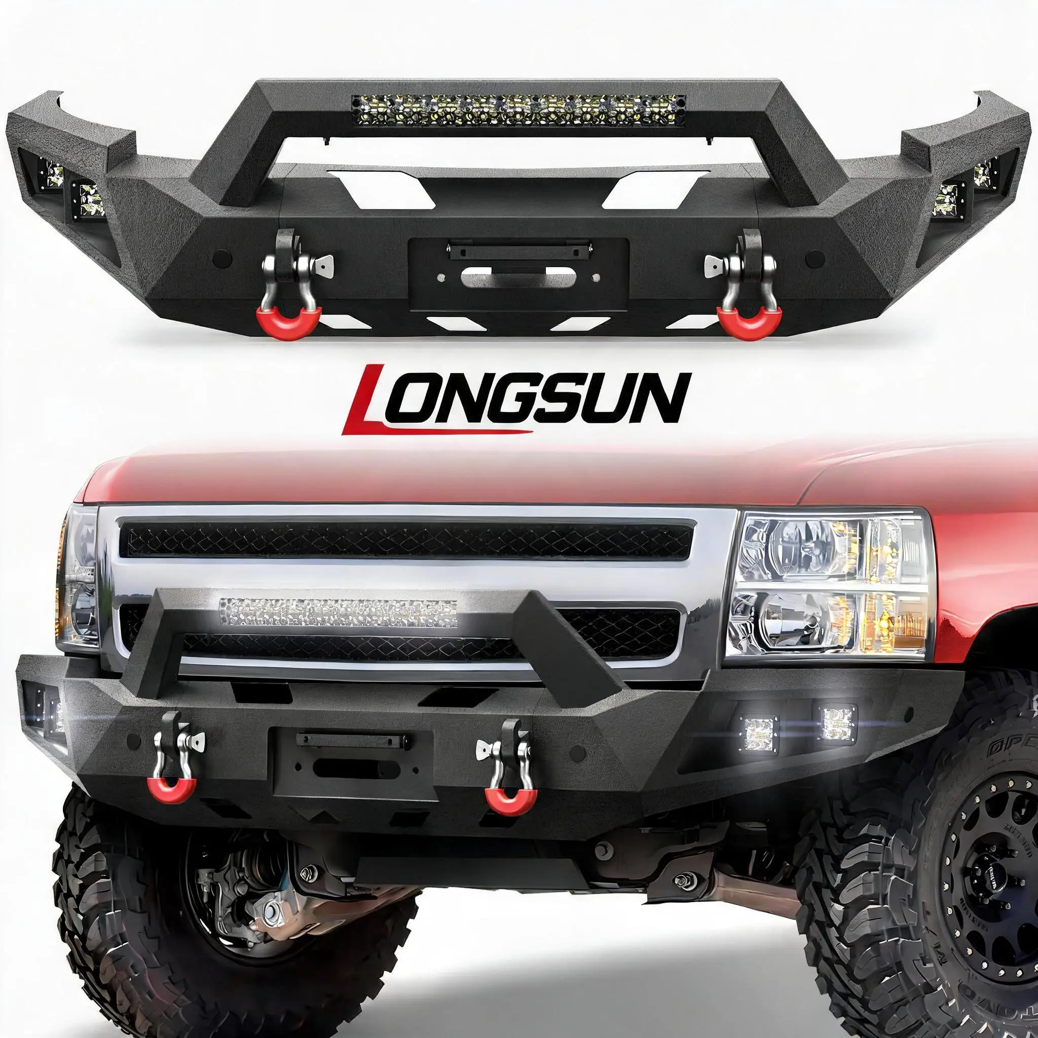 Longsun Off-Road Steel Front Bumper for 2007-2013 Chevy Silverado 1500, Includes Winch Plate, LED Lights, D-Ring Mounts, License Plate Bracket, Protects Front, Includes Plate