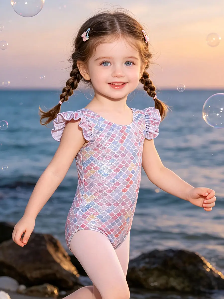 Girls' Cute 1-Piece Bathing Suit in Rainbow Ombre Mermaid Scale Print, Soft Stretch Elastane with Ruffle Flutter Sleeves, Includes Matching Swim Cap, Cute Sweet, Mermaid Print, Slight Stretch, Matching Cap, Slim-Fitting, Soft Elastane, Short Sleeve Tops,,
