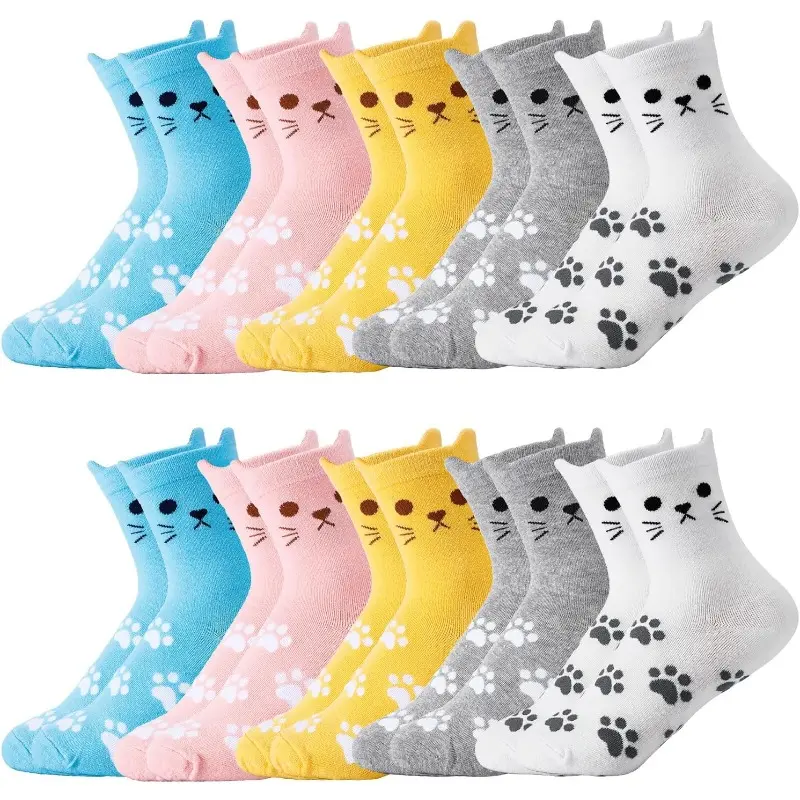 Women's 10-Pack Cute Ankle Socks, Aesthetic Cartoon Cat & Paw Print, Lightweight Low-Cut Casual Daily Socks, Elastic, Sock Packs