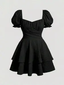 Plus size puff sleeve corset dress 🎀 Flattering bow tie back, perfect for summer, graduation & birthdays.