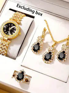 Women's Elegant Rhinestone Decorated Quartz Watch & Jewelry Set, Including Round Dial Watch & Dangle Earrings & Ring & Pendant Necklace, Fashion Watch Set for Party, Daily Decor