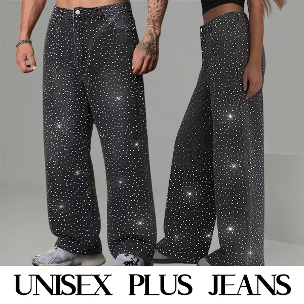 Unisex Plus Size Rhinestone Denim Jeans — Loose Fit, Suitable for Outdoor Casual Wear and Everyday Outfits