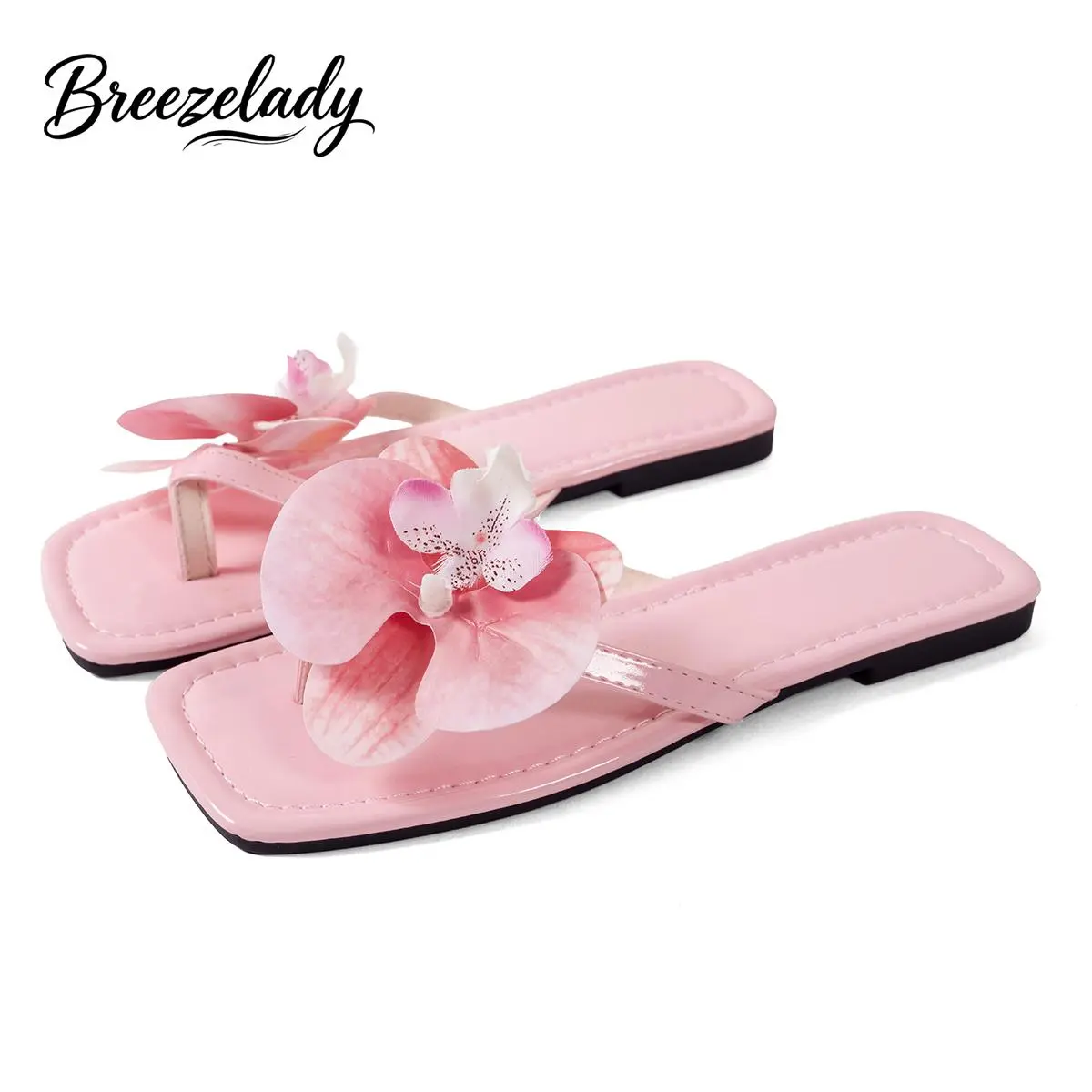 Women's Classic Floral Flat Beach Slides Sandals - Patent Leather Square Toe Thong, Breathable Cushioned Sole, Butterfly Orchid Embellished, Slip-On, Lightweight Sweet Minimalism Casual Vacation Shoes