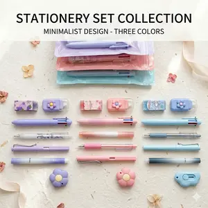 Aesthetic 7-Piece Cute Stationery Set - Kawaii Pastel School Supplies Bundle with Multi-Color Pen,  Highlighter & Mini Utility Knife - All-in-One Portable Journaling & Study Aesthetic Gift Set for Girls