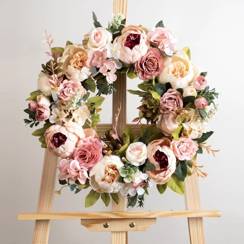Spring Artificial Peony Rose Wreath, Colorful Flowers & Greenery, Decorative Artificial Flowers, Plastic DIY Party Decor, Home Office Decoration, Mother's Day Easter, Floral, Artificial Plant Decor, Faux Flower Decorations