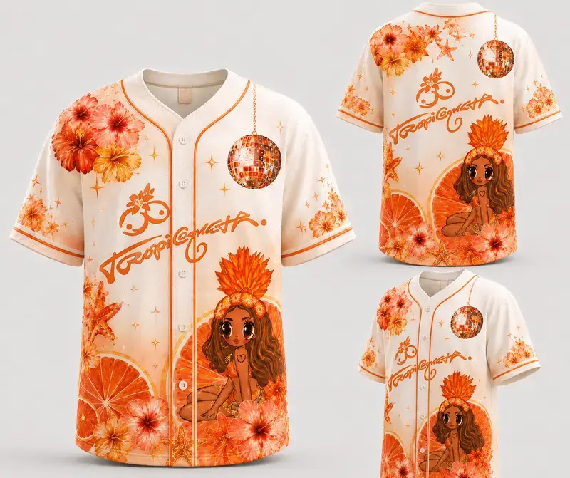 Vintage Tropicoqueta Baseball Jersey Shirt, Cream Orange All Over Print Tropical Disco Ball Graphic Short Sleeve Button Down Oversized Festival Top